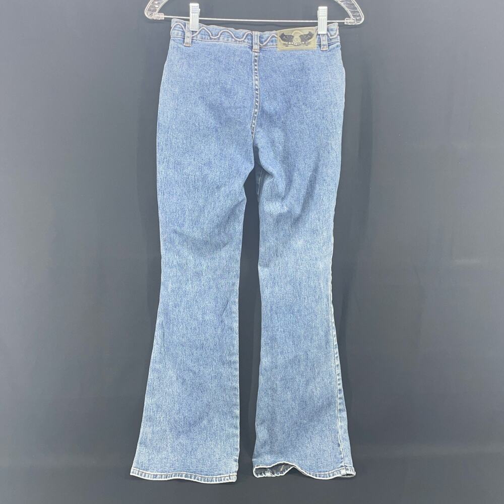 Y2K Vtg Gasoline Brand Womens 3 Flare Boot Leg Denim Jeans Swirl Stitch Festival - Picture 8 of 8